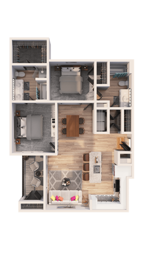 Floor plan for 1 bed, 2 baths, 1215 sqft